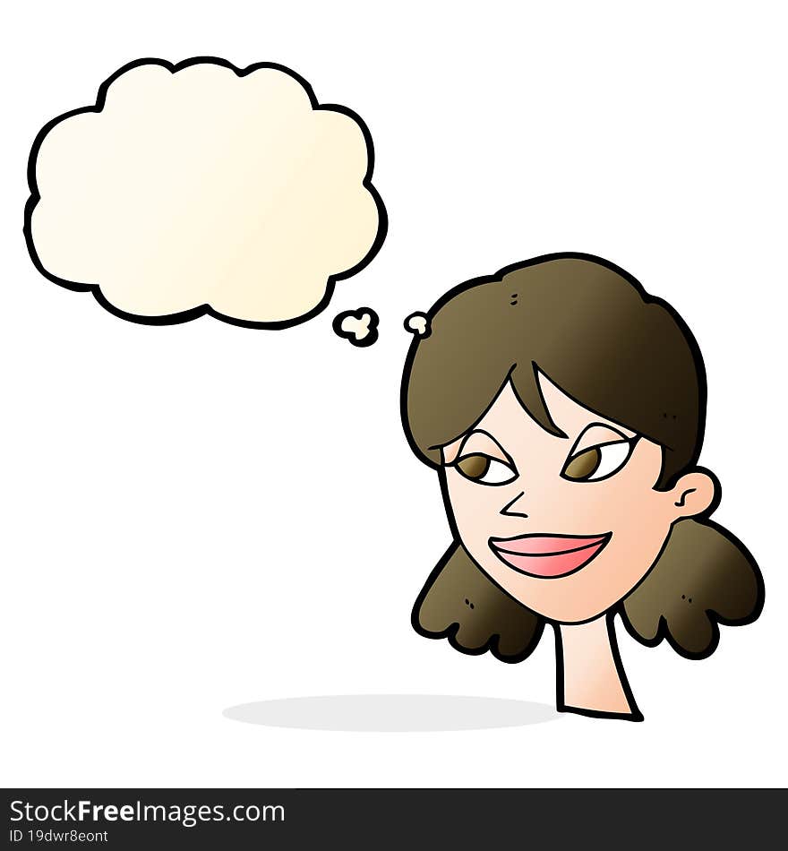 cartoon happy female face with thought bubble