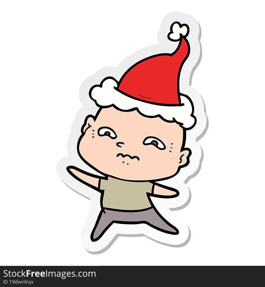 Sticker Cartoon Of A Nervous Man Wearing Santa Hat