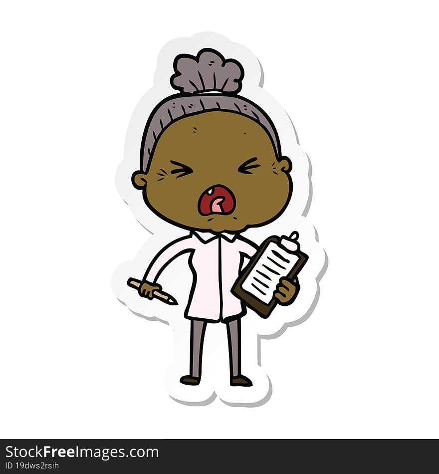 sticker of a cartoon angry old woman