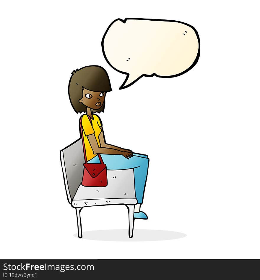 cartoon woman sitting on bench with speech bubble