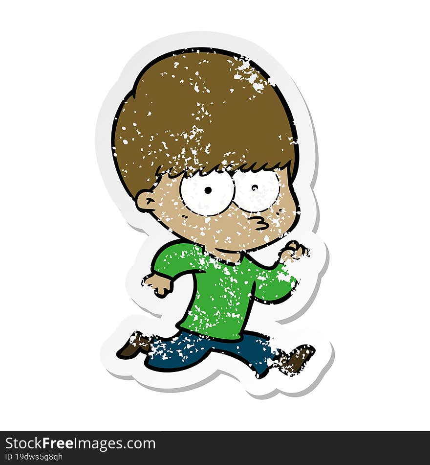 distressed sticker of a nervous cartoon boy