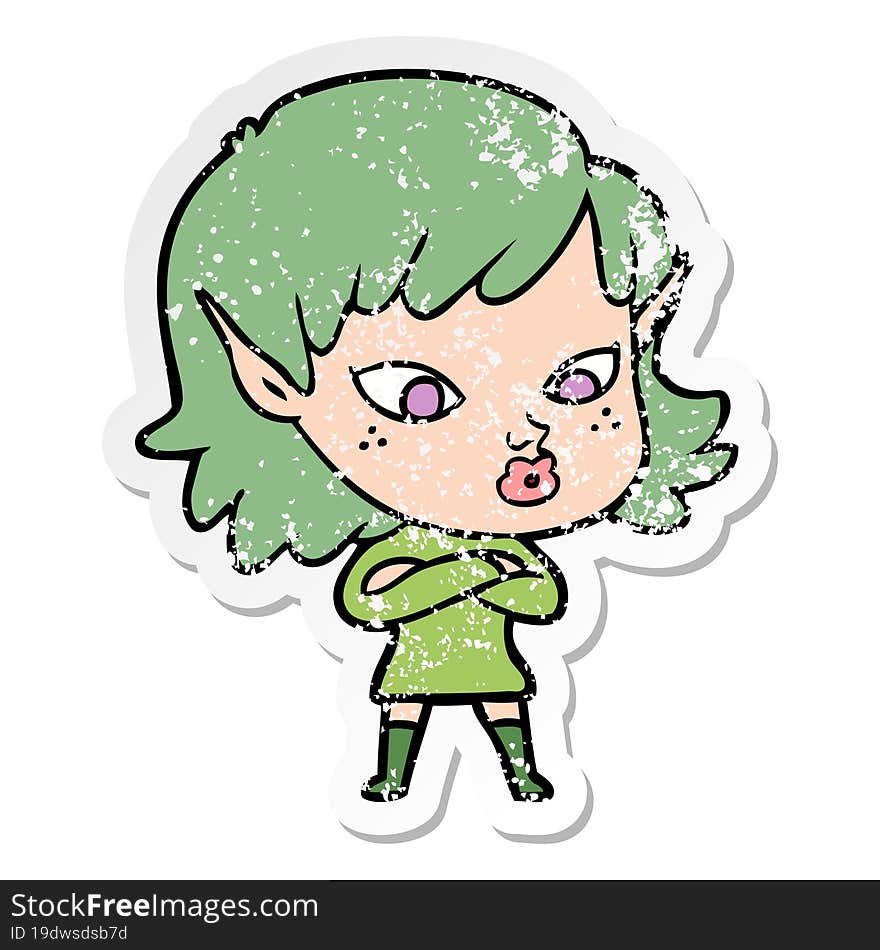 distressed sticker of a pretty cartoon elf girl