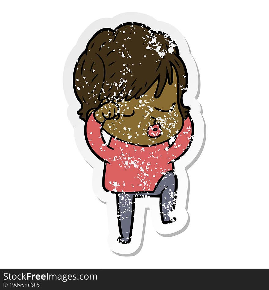 distressed sticker of a cartoon woman with eyes shut