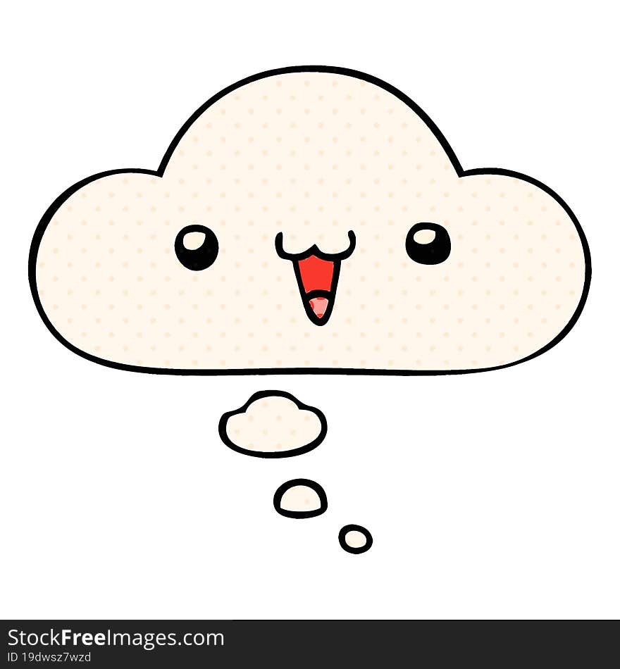 cute happy face cartoon with thought bubble in comic book style