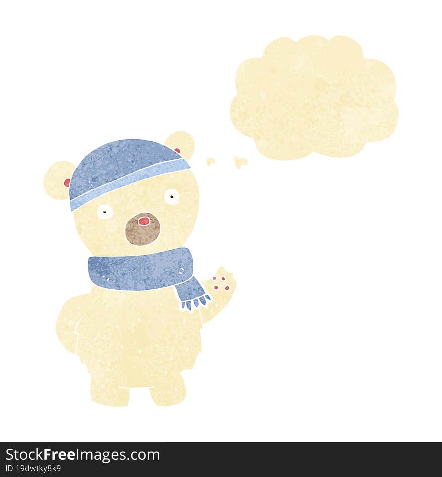 cartoon polar bear in winter hat and scarf with thought bubble