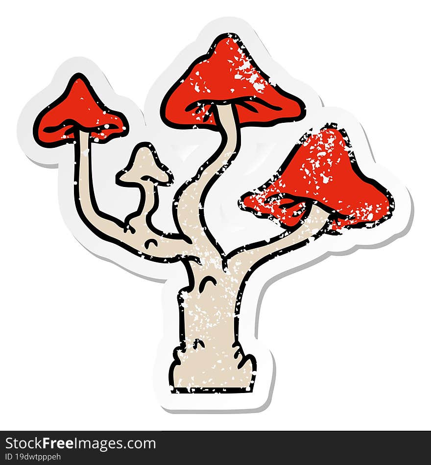 distressed sticker cartoon doodle of growing mushrooms