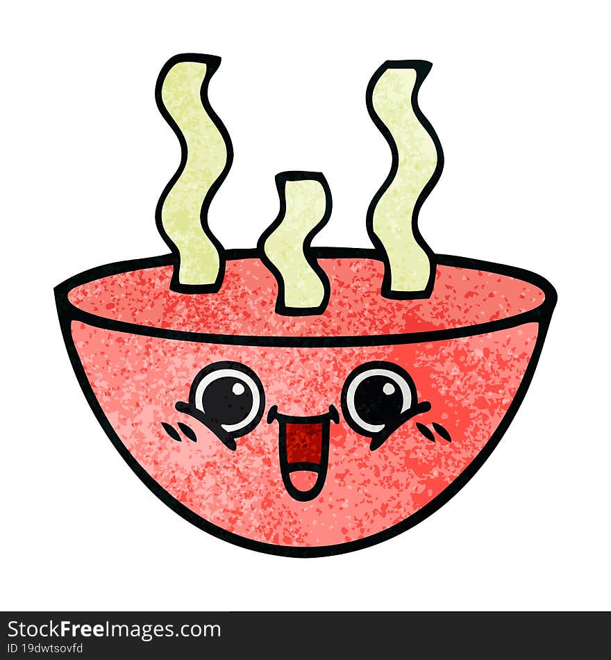 retro grunge texture cartoon of a bowl of hot soup