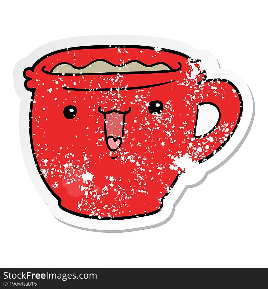 distressed sticker of a cute cartoon coffee cup