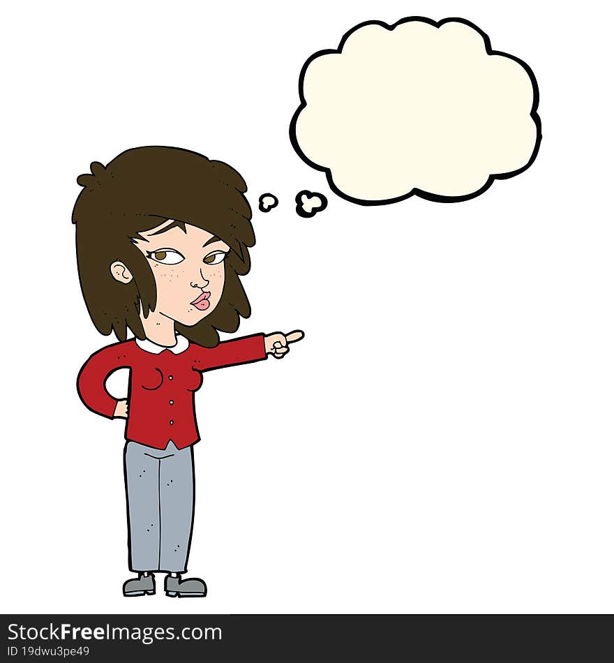 cartoon woman pointing with thought bubble