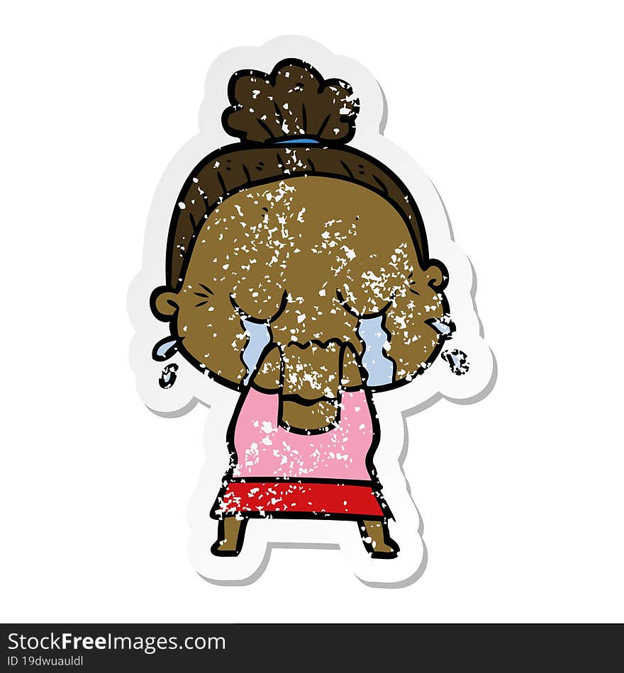 distressed sticker of a cartoon crying old lady