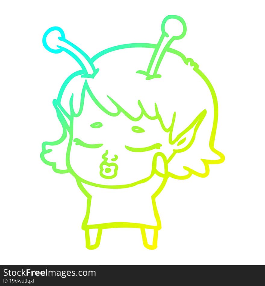 Cold Gradient Line Drawing Cute Alien Girl Cartoon