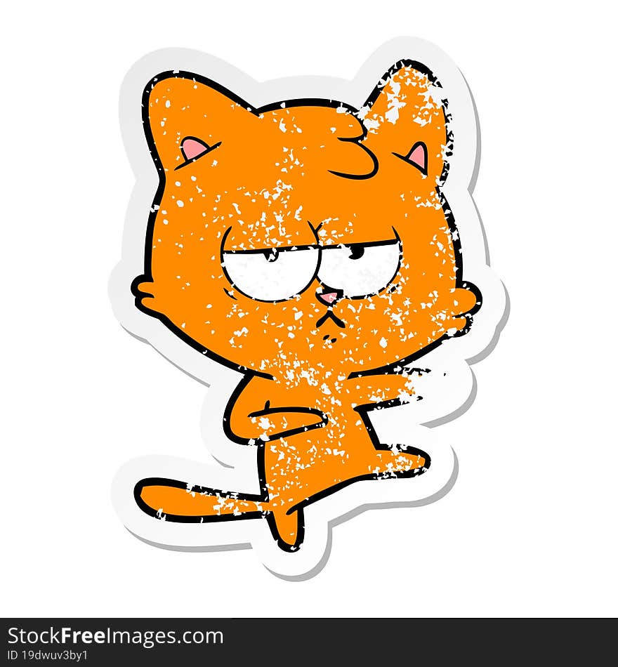 distressed sticker of a bored cartoon cat