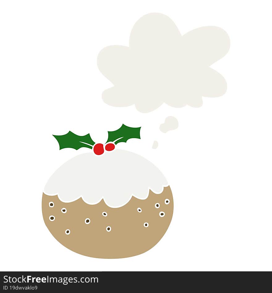 cartoon christmas pudding and thought bubble in retro style