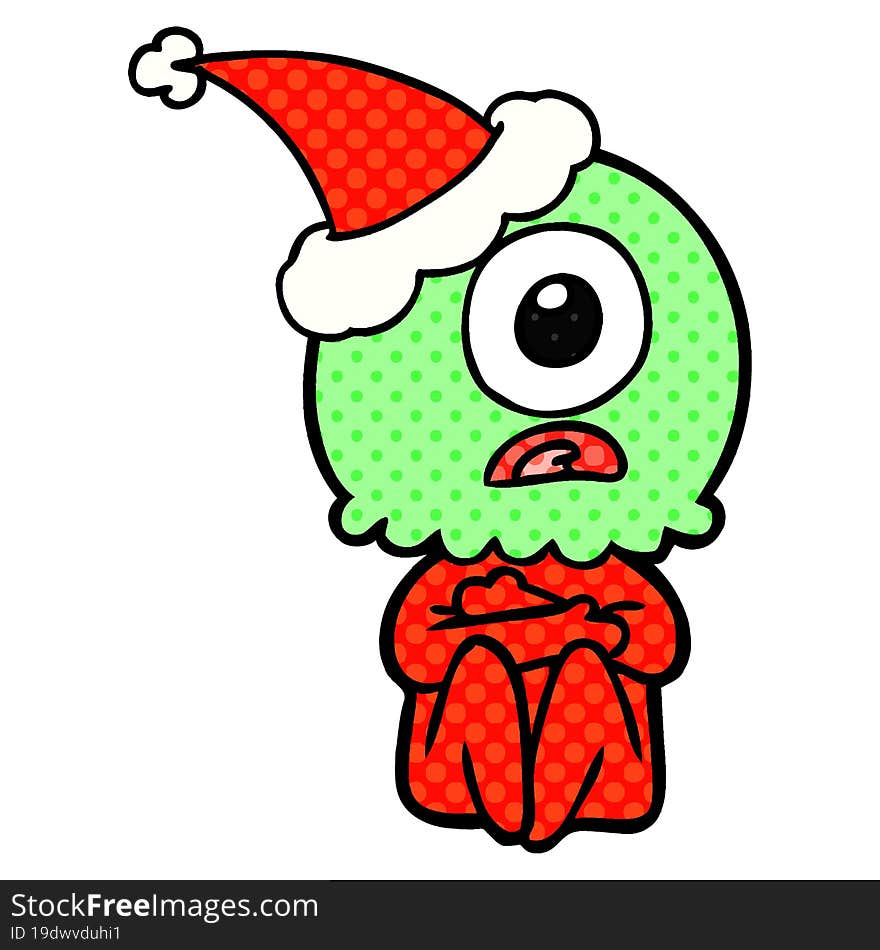 hand drawn comic book style illustration of a cyclops alien spaceman wearing santa hat