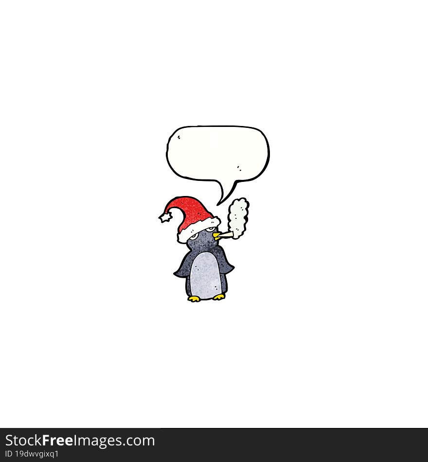 cartoon penguin in christmas hat smoking cigarette