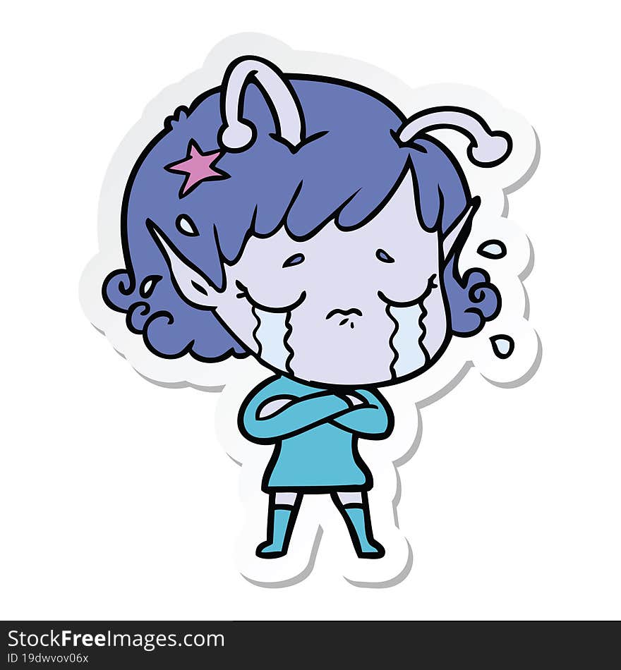 sticker of a cartoon crying alien girl