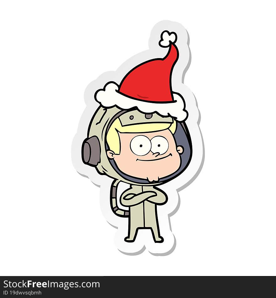 happy astronaut sticker cartoon of a wearing santa hat