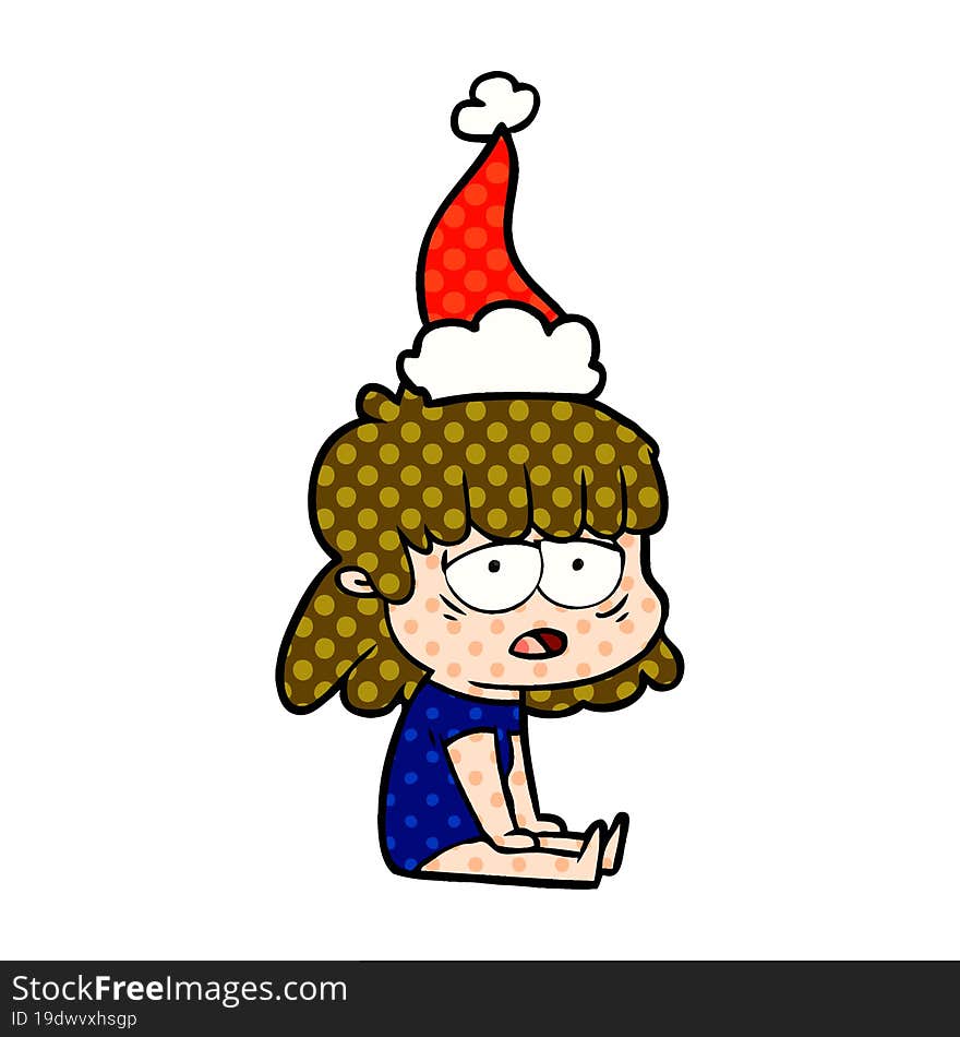 Comic Book Style Illustration Of A Tired Woman Wearing Santa Hat