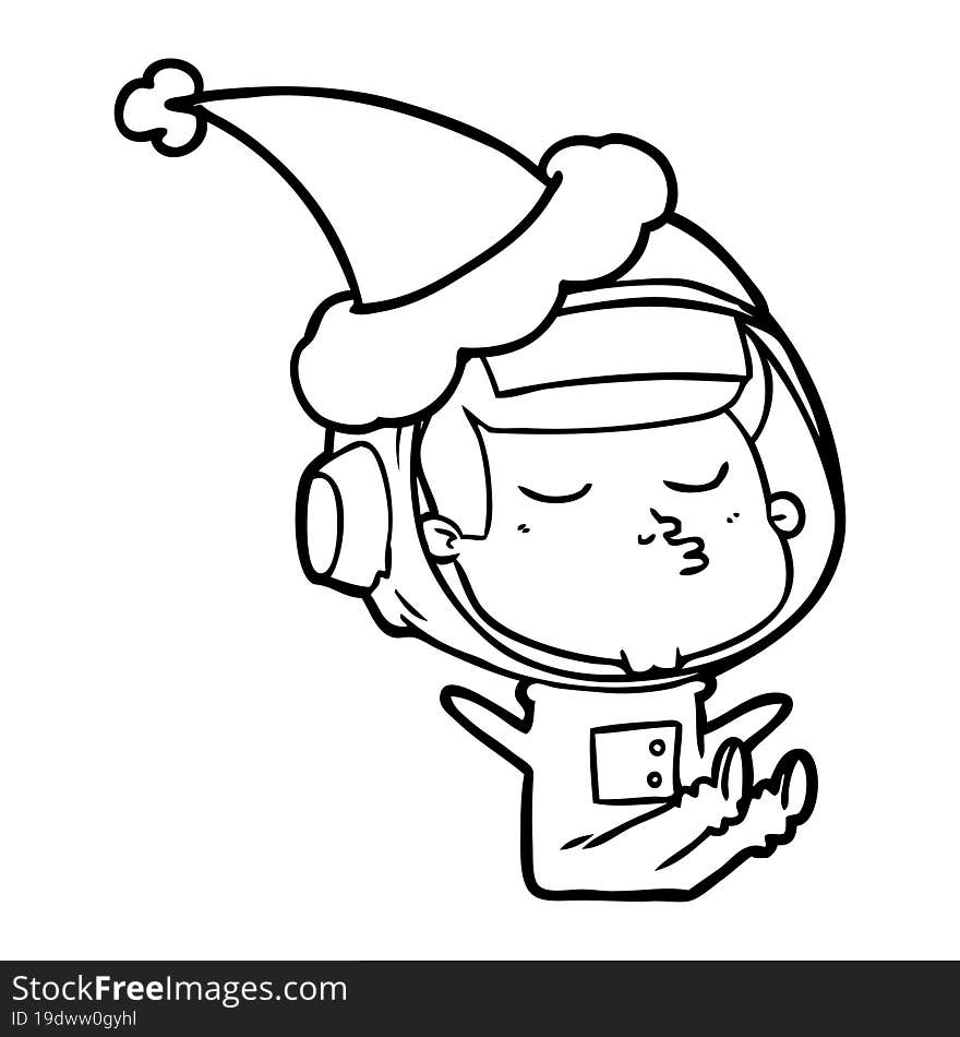 line drawing of a confident astronaut wearing santa hat