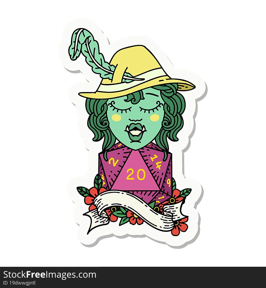 singing half orc bard with natural twenty dice roll sticker