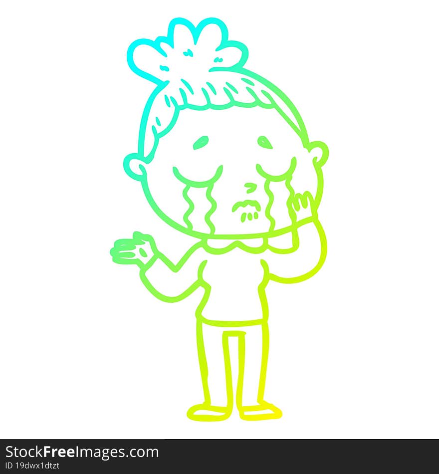 cold gradient line drawing of a cartoon crying woman