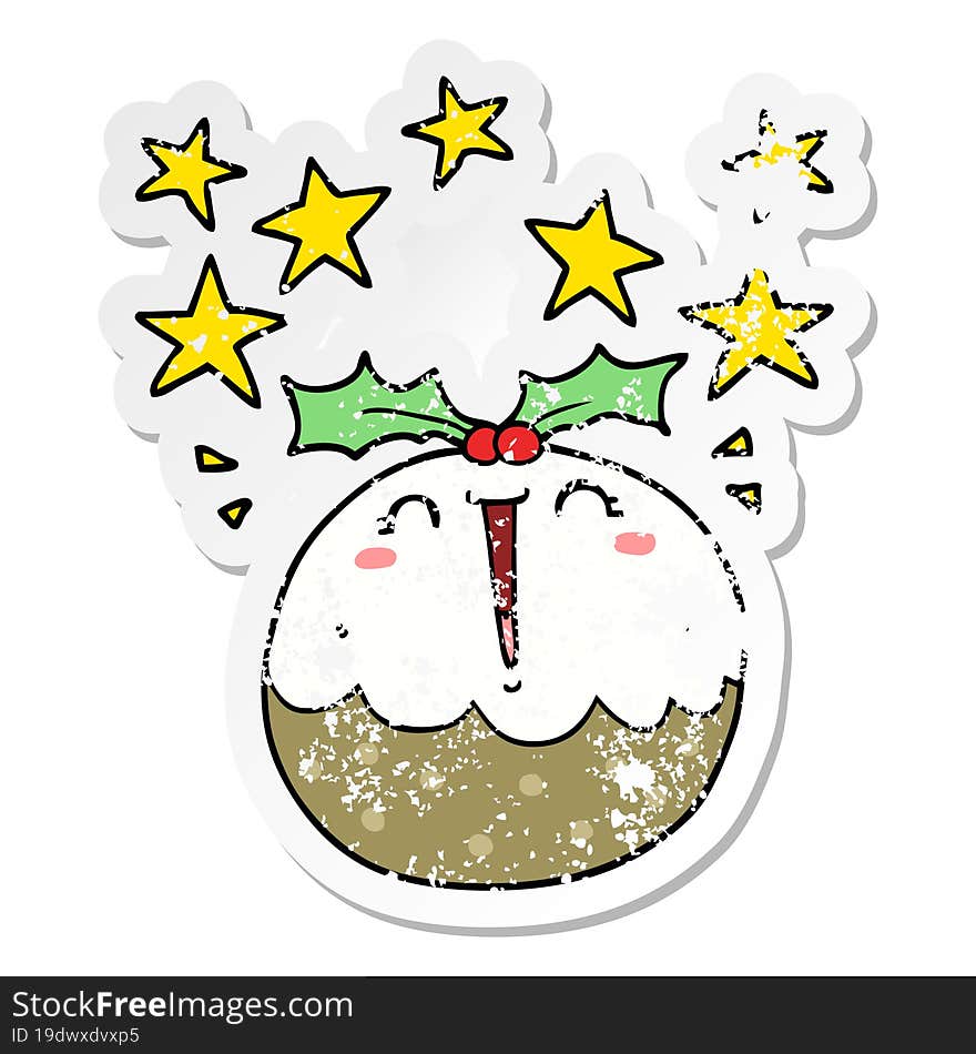 distressed sticker of a cute cartoon happy christmas pudding