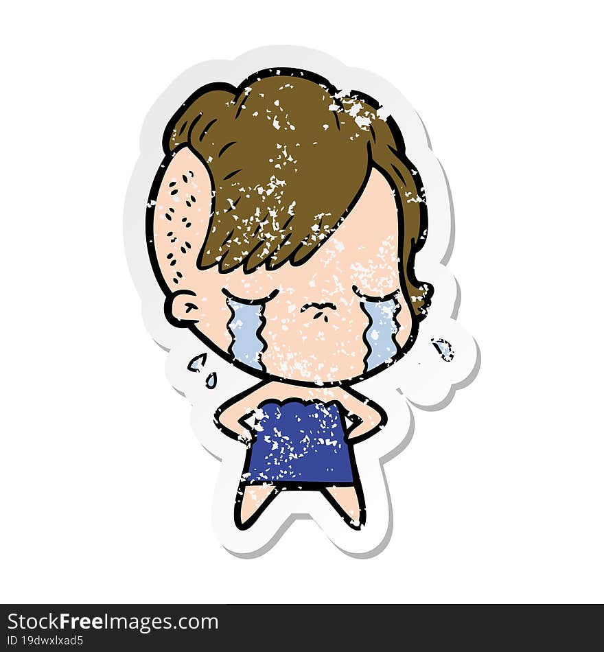 Distressed Sticker Of A Cartoon Crying Girl