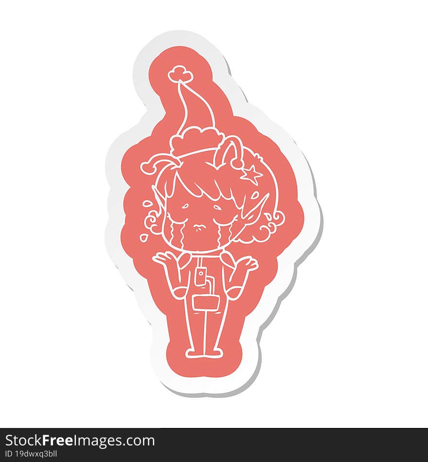 quirky cartoon  sticker of a crying alien girl wearing santa hat