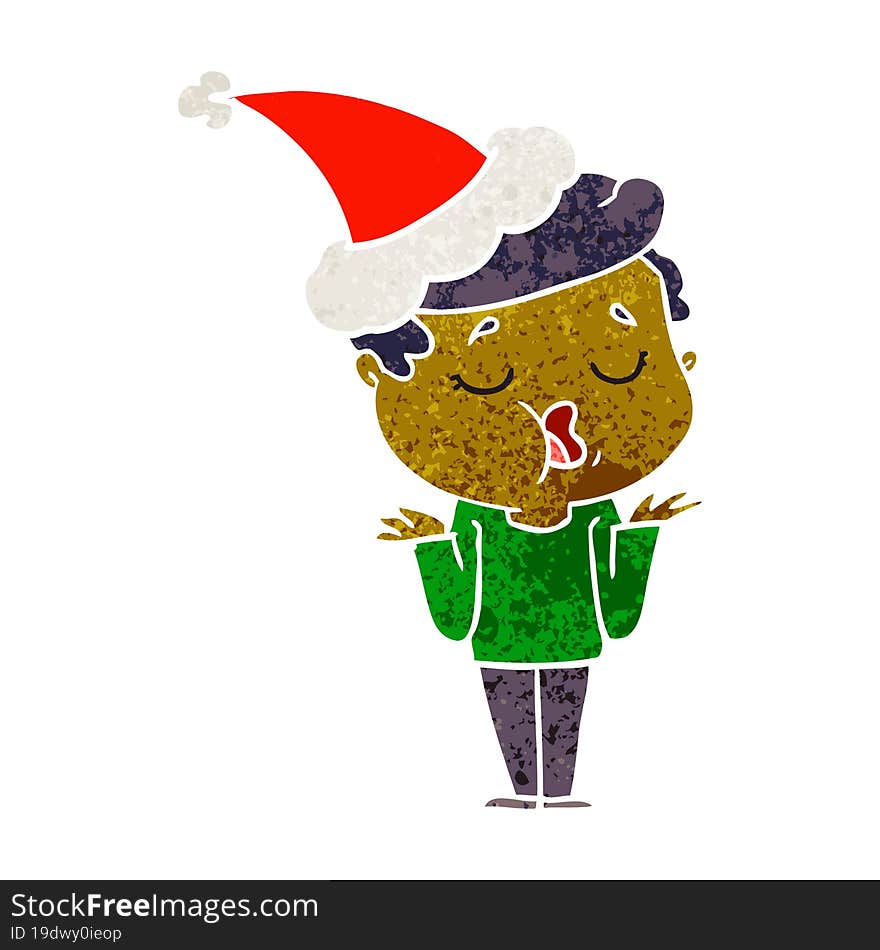 Retro Cartoon Of A Man Talking And Shrugging Shoulders Wearing Santa Hat