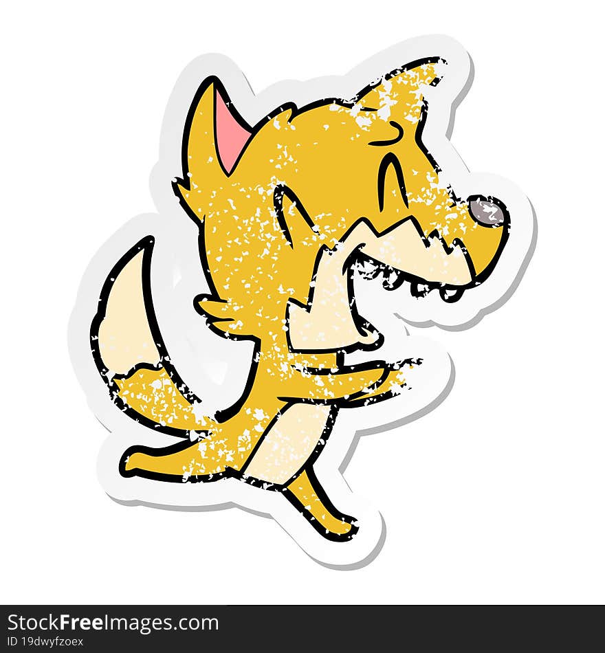 distressed sticker of a laughing fox running away