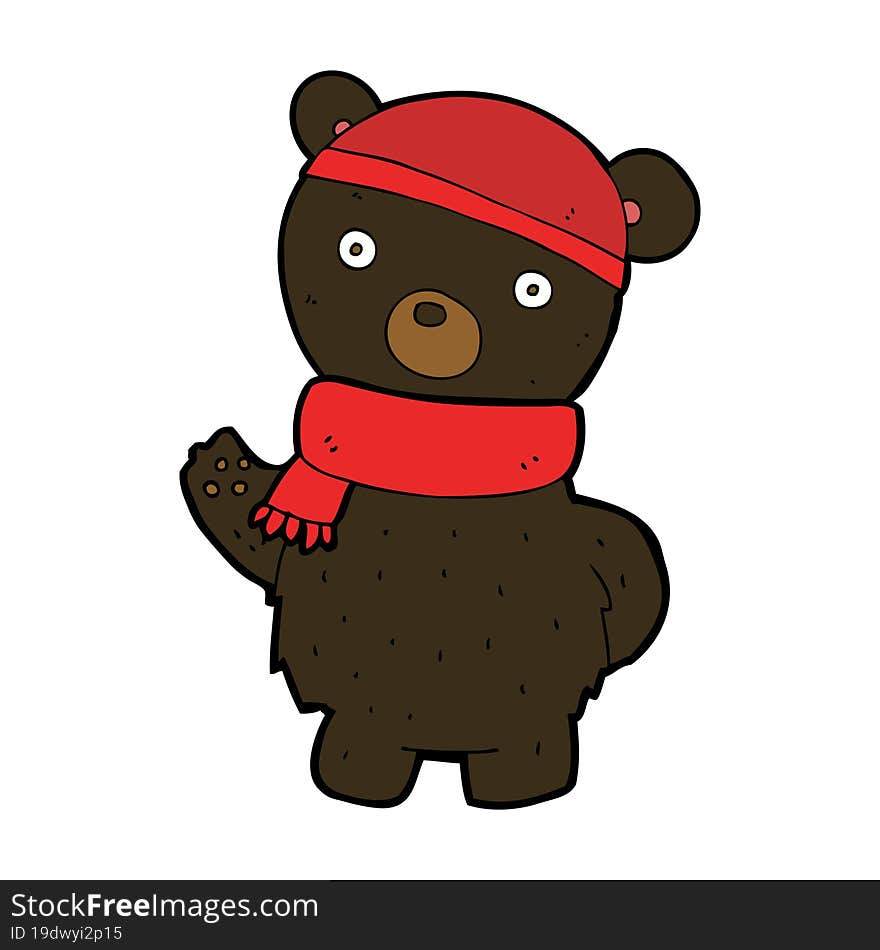 cartoon black bear in winter hat and scarf