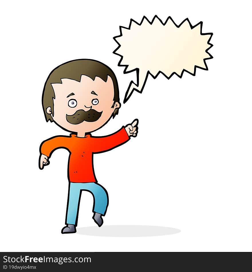 cartoon man with mustache pointing with speech bubble