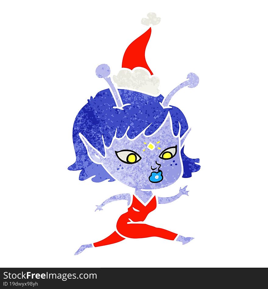 Pretty Retro Cartoon Of A Alien Girl Running Wearing Santa Hat