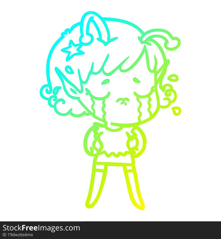 cold gradient line drawing of a cartoon crying alien girl