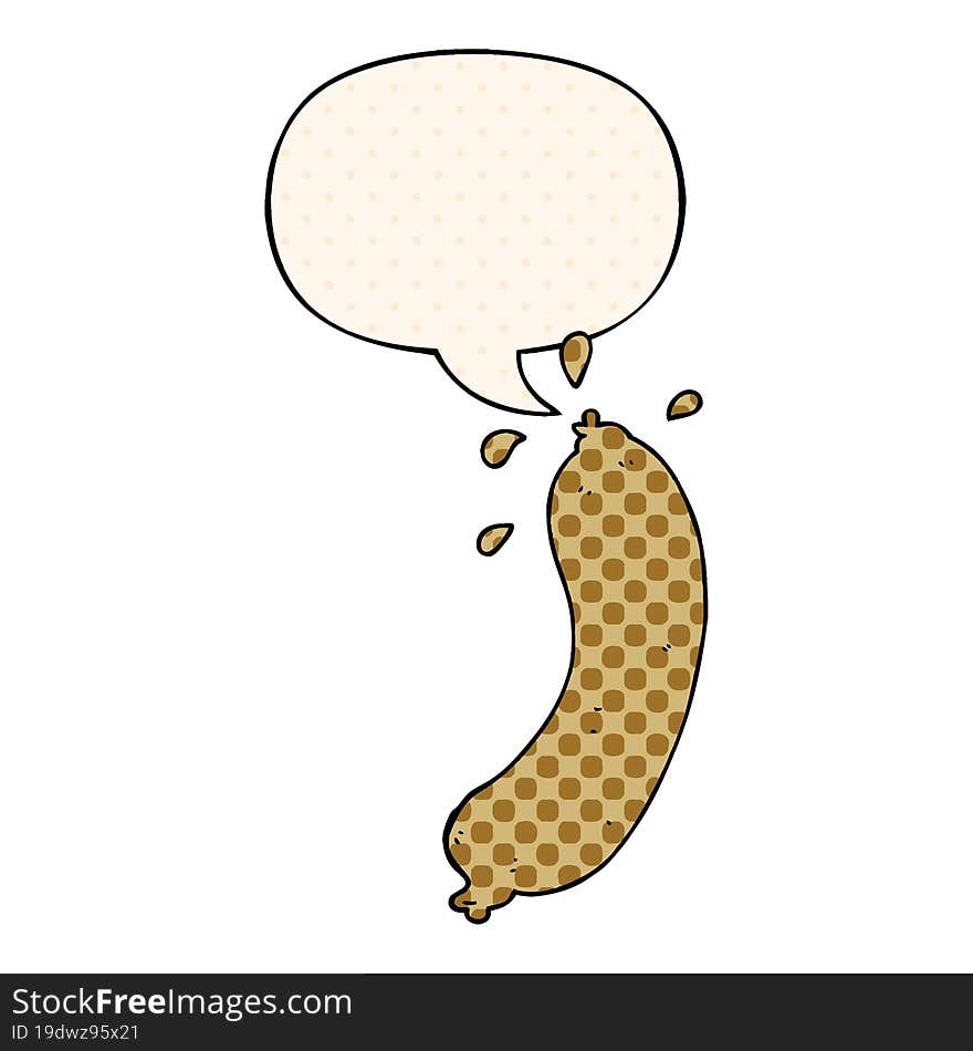 cartoon sausage and speech bubble in comic book style