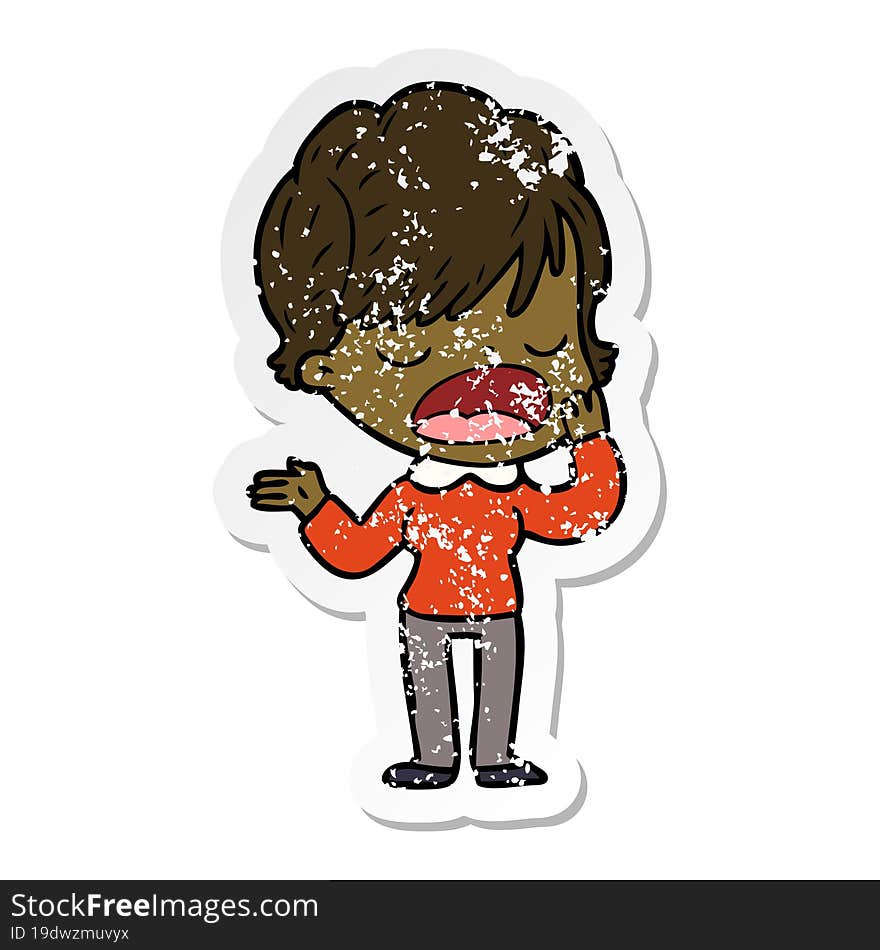 distressed sticker of a cartoon woman talking