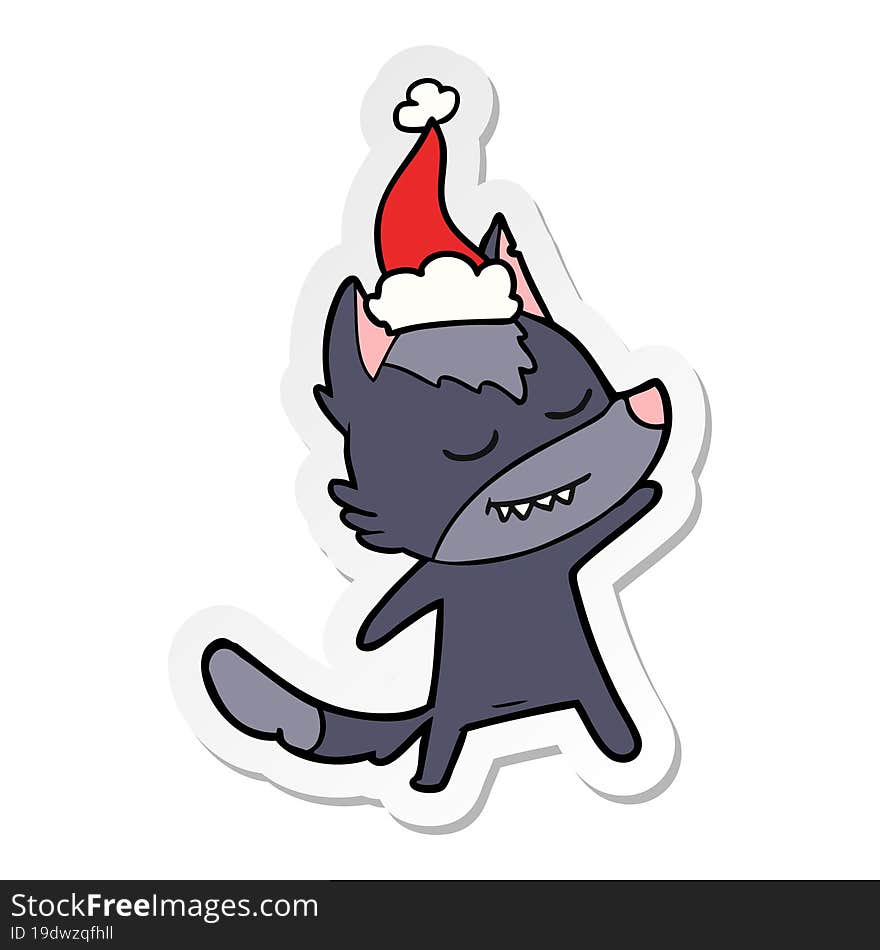 friendly sticker cartoon of a wolf wearing santa hat