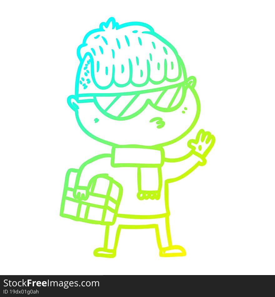 cold gradient line drawing cartoon boy wearing sunglasses carrying xmas gift