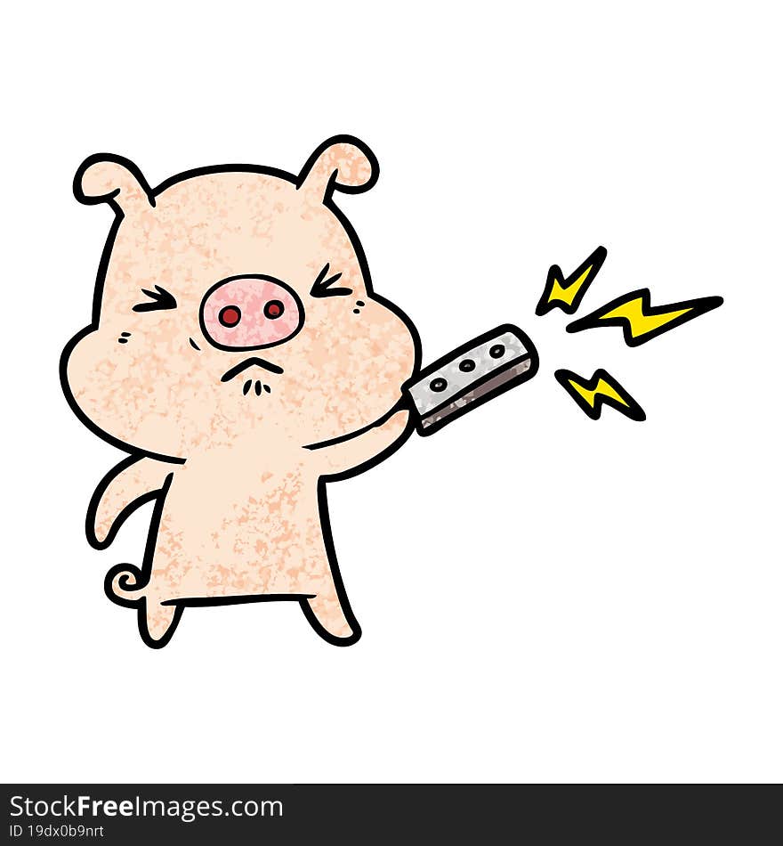 cartoon grumpy pig with remote control. cartoon grumpy pig with remote control