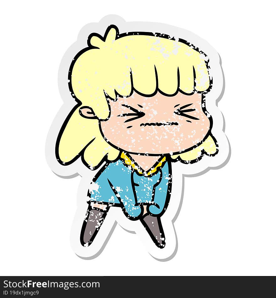 distressed sticker of a cartoon angry girl