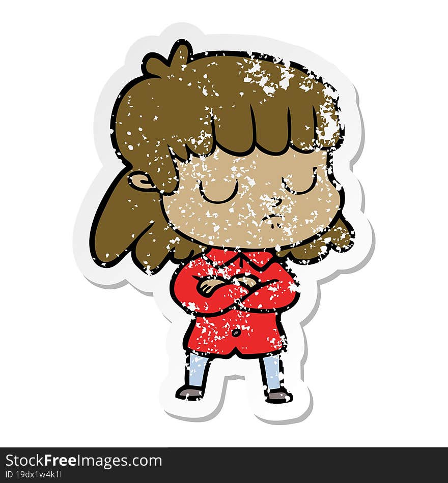 Distressed Sticker Of A Cartoon Indifferent Woman Folding Arms