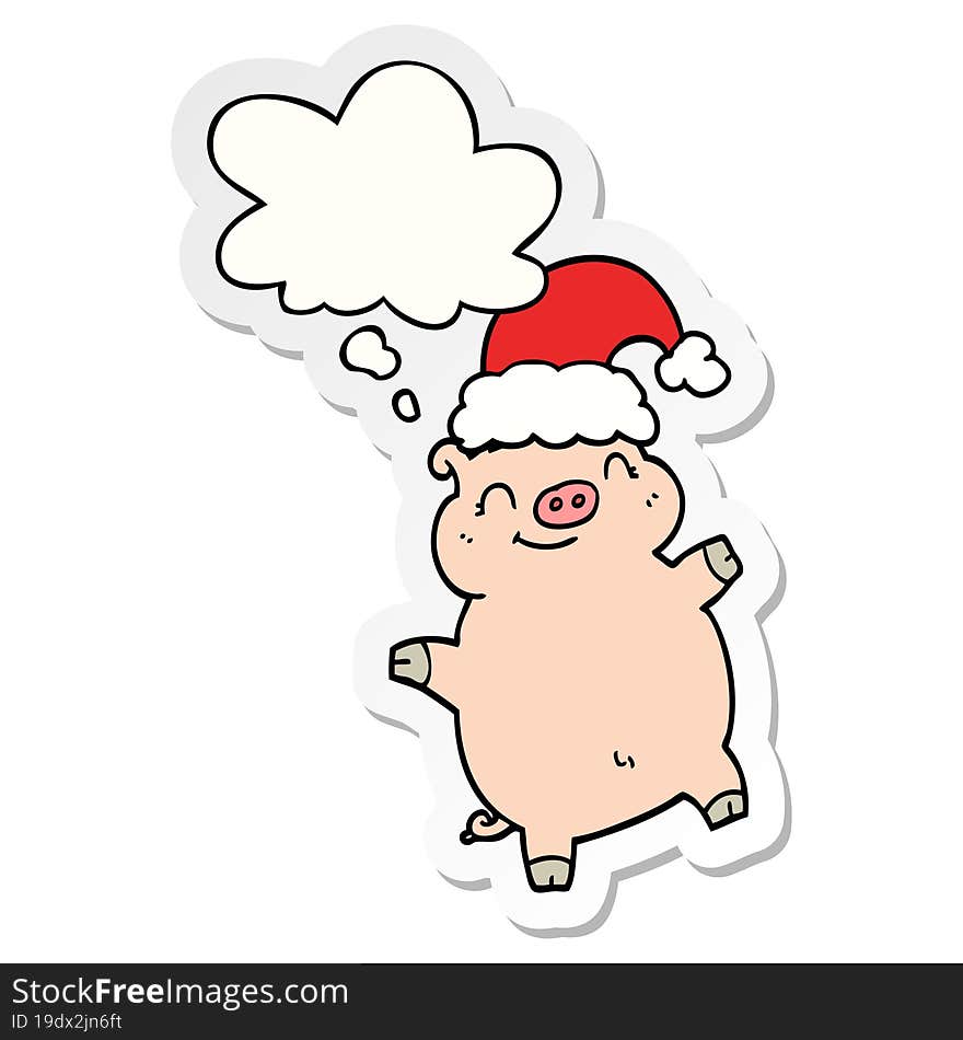 cartoon happy christmas pig and thought bubble as a printed sticker