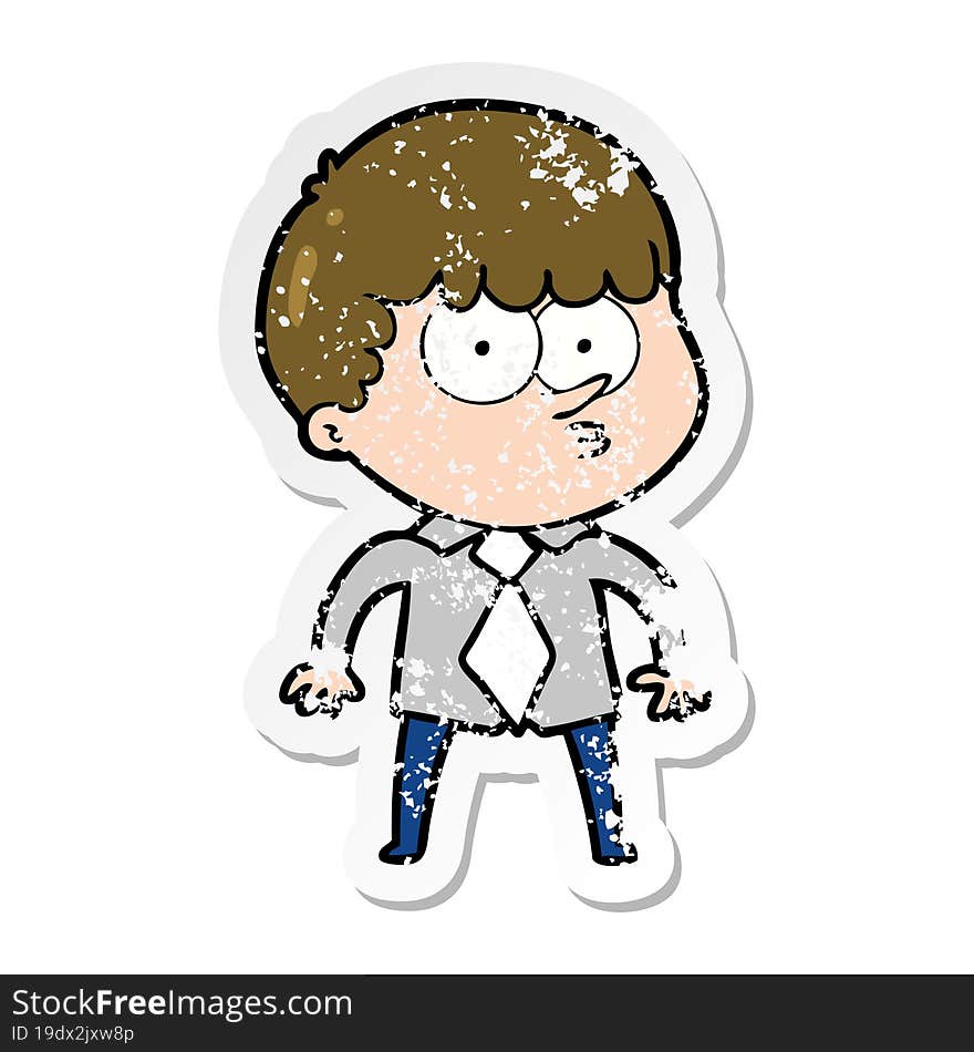 Distressed Sticker Of A Cartoon Nervous Boy In Shirt And Tie