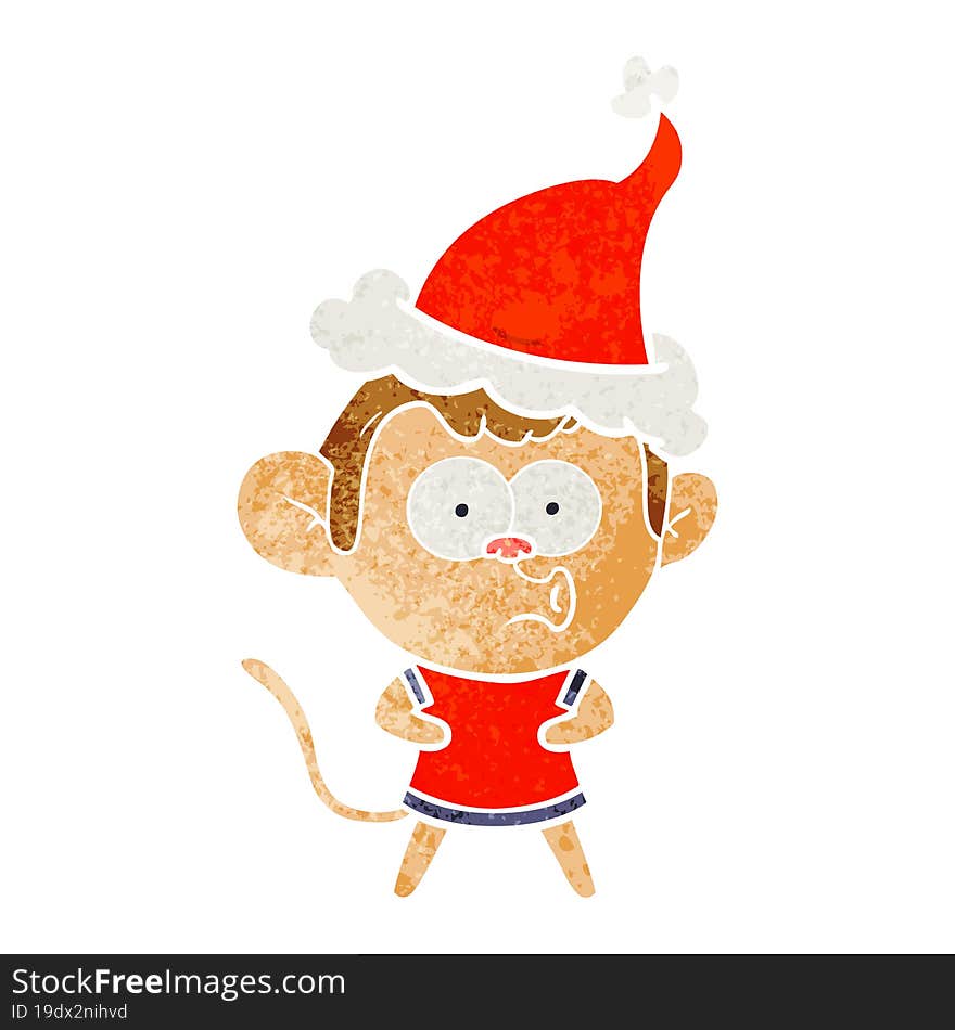 retro cartoon of a surprised monkey wearing santa hat