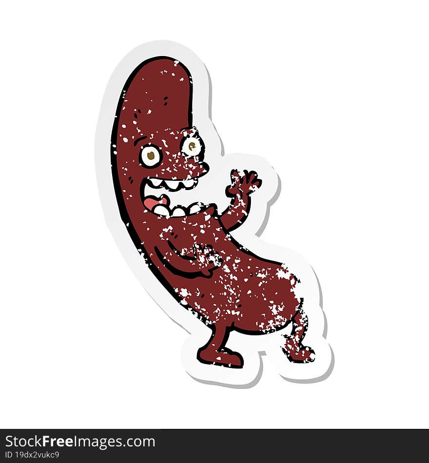 retro distressed sticker of a cartoon sausage