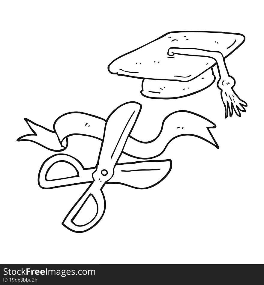 freehand drawn black and white cartoon scissors cutting ribbon at graduation