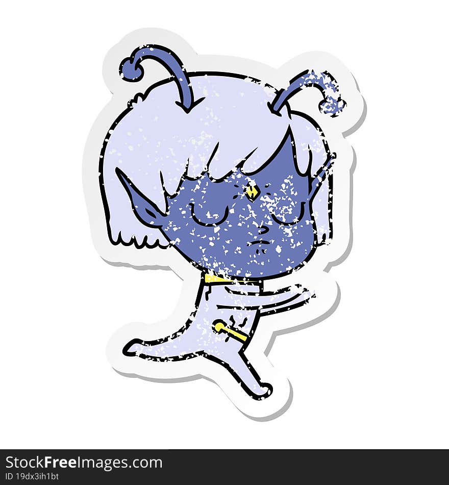 distressed sticker of a cartoon alien girl