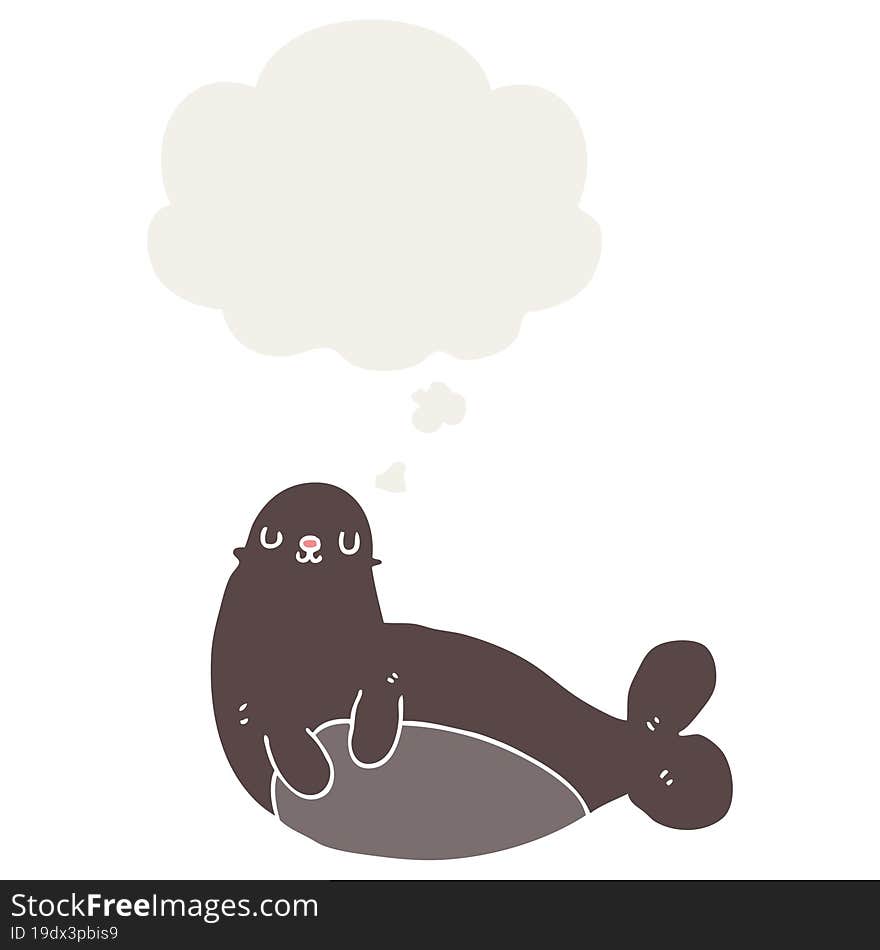 cartoon seal and thought bubble in retro style