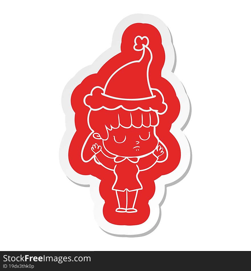 cartoon  sticker of a indifferent woman wearing santa hat