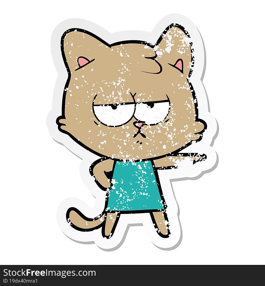 distressed sticker of a bored cartoon cat pointing